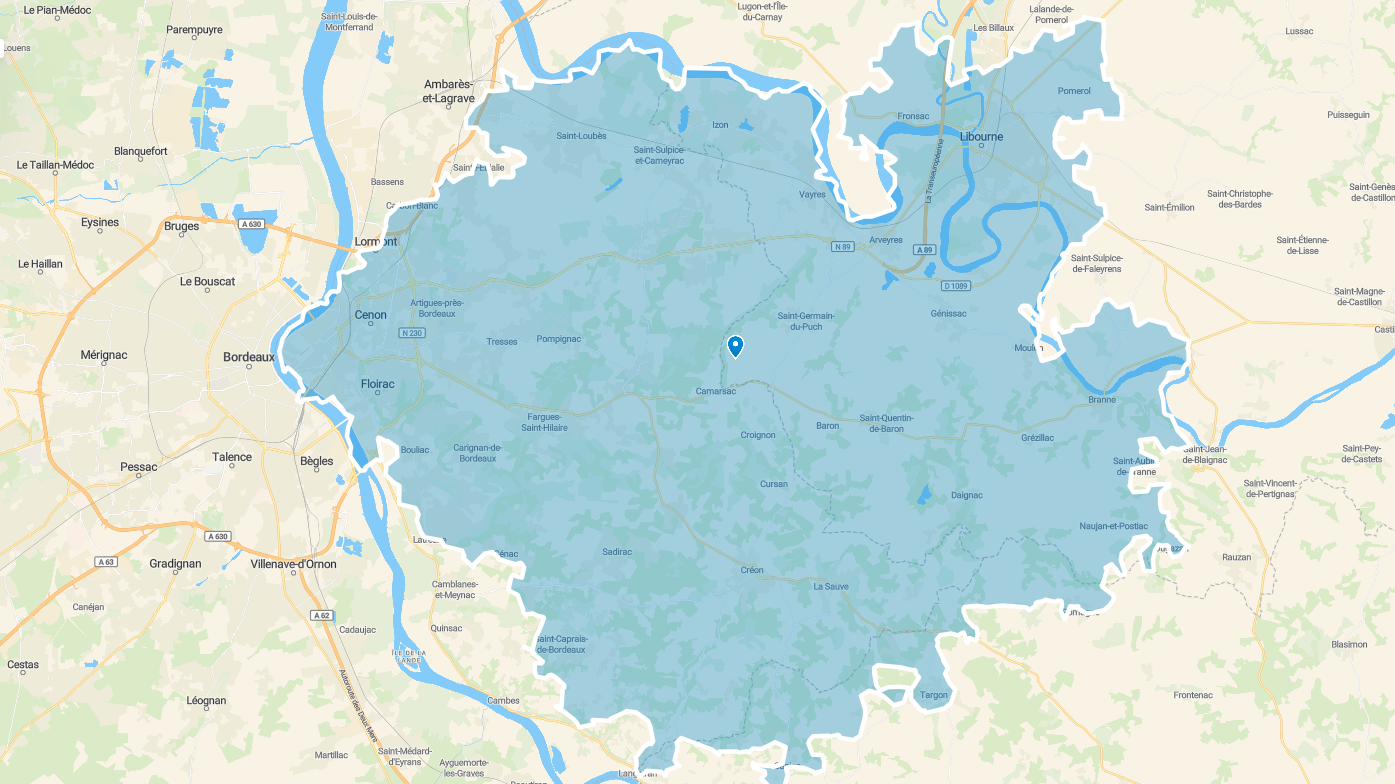 Zone de service : Je dessers les communautés suivantes autour de Bordeaux : Créon, Sadirac, Madirac, Saint-Quentin-de-Baron, Camarsac, Salleboeuf, Pompignac et Saint Germain-du-Puch.